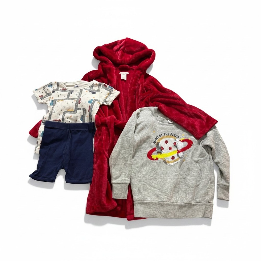 Pottery Barn Old Navy Boys 4-7 Red Robe Pizza Pajama Bundle 3pc Cozy Winter Set